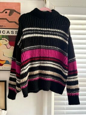 IRO Black and Pink Striped Mock Neck Sweater